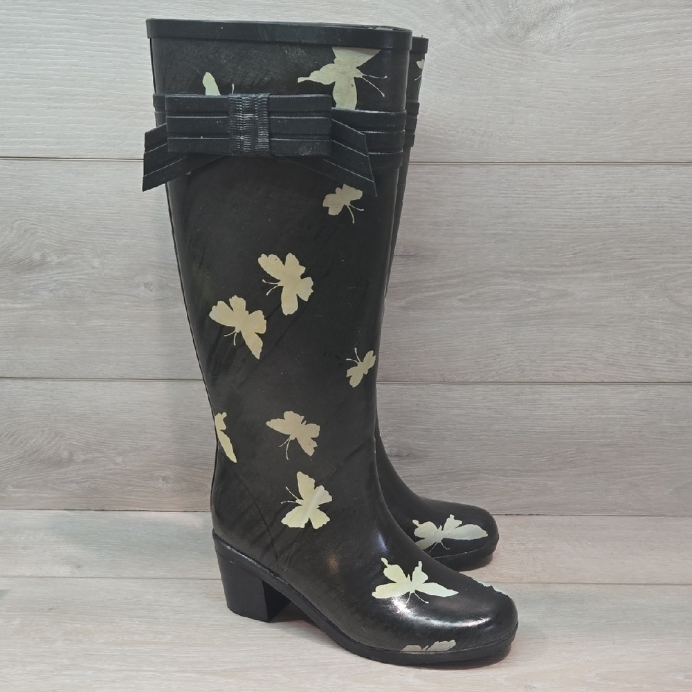 Kate Spade Women's Butterfly Black Butterfly Rain Heels Boots Shoes Sz 6